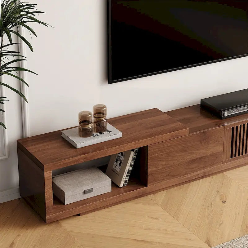 Meuble TV rétractable et extensible moderne avec 4 tiroirs, jusqu'à 261,62 cm - 78,54P x 15,74L x 13,78H