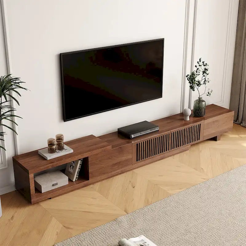 Meuble TV rétractable et extensible moderne avec 4 tiroirs, jusqu'à 261,62 cm - 78,54P x 15,74L x 13,78H
