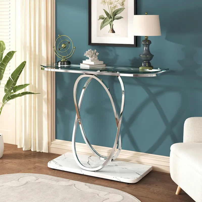 Myhozm Table console de 110 cm avec base géométrique, table de canapé moderne pour entrée, salon