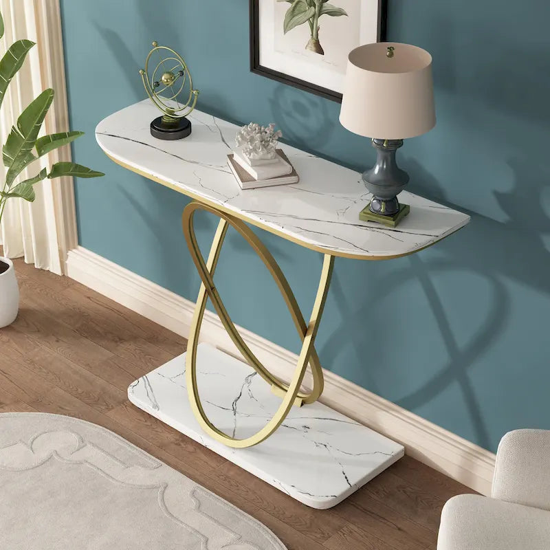 Myhozm Table console de 110 cm avec base géométrique, table de canapé moderne pour entrée, salon