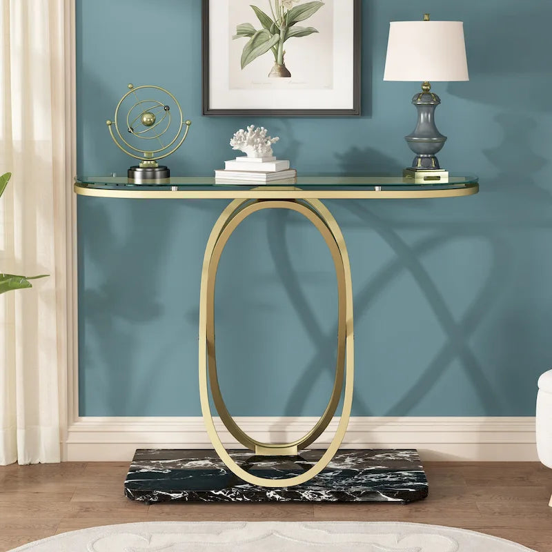 Myhozm Table console de 110 cm avec base géométrique, table de canapé moderne pour entrée, salon
