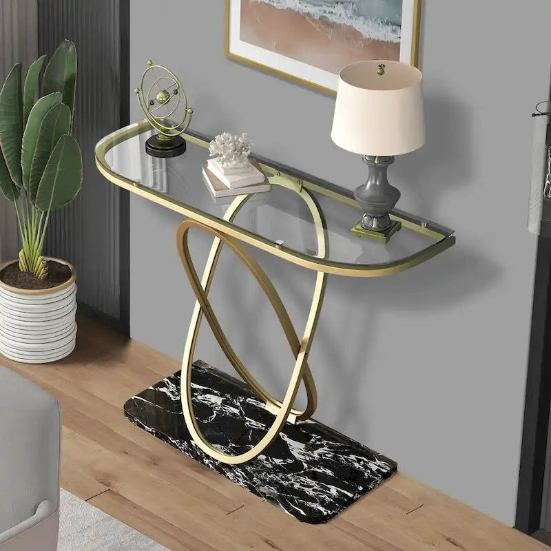 Myhozm Table console de 110 cm avec base géométrique, table de canapé moderne pour entrée, salon