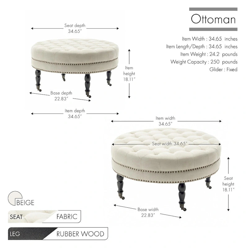 Pouf de cocktail rond en tissu Indy Porthos Home avec pieds et roulettes en bois d'hévéa