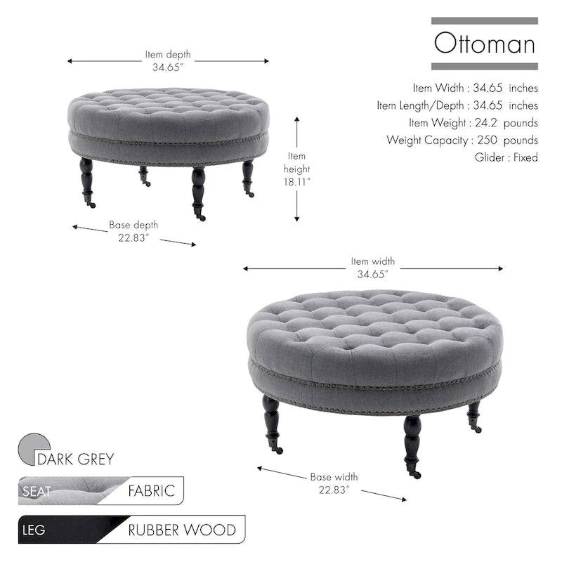 Pouf de cocktail rond en tissu Indy Porthos Home avec pieds et roulettes en bois d'hévéa