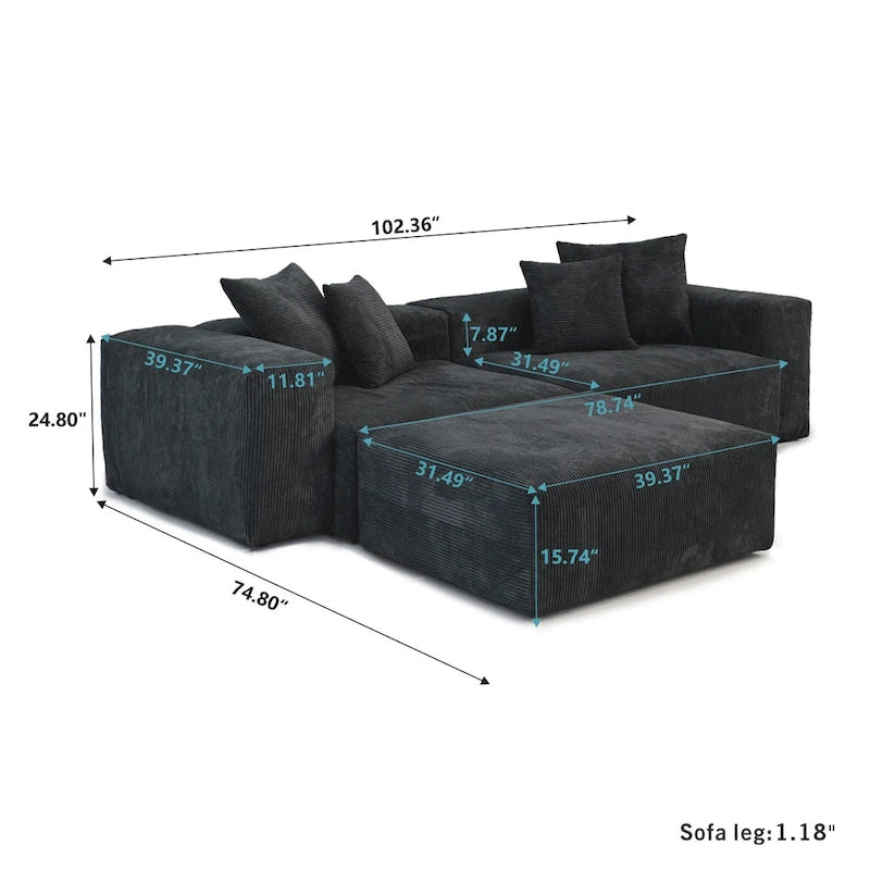 102 Canapé Modulable Réversible en Velours Côtelé Géant avec Pouf