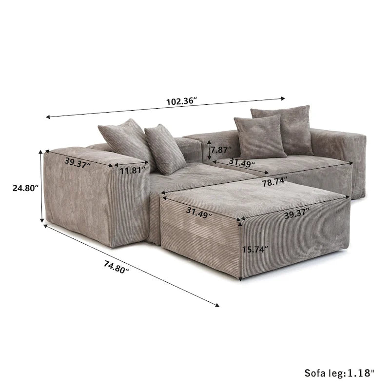 102 Canapé Modulable Réversible en Velours Côtelé Géant avec Pouf