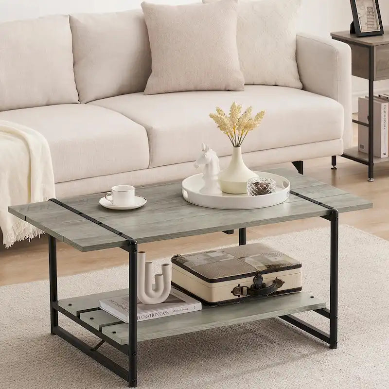 Table basse en bois industrielle moderne à 2 niveaux de 104 cm avec étagère de rangement
