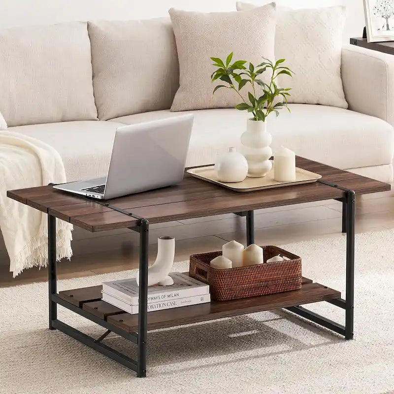 Table basse en bois industrielle moderne à 2 niveaux de 104 cm avec étagère de rangement