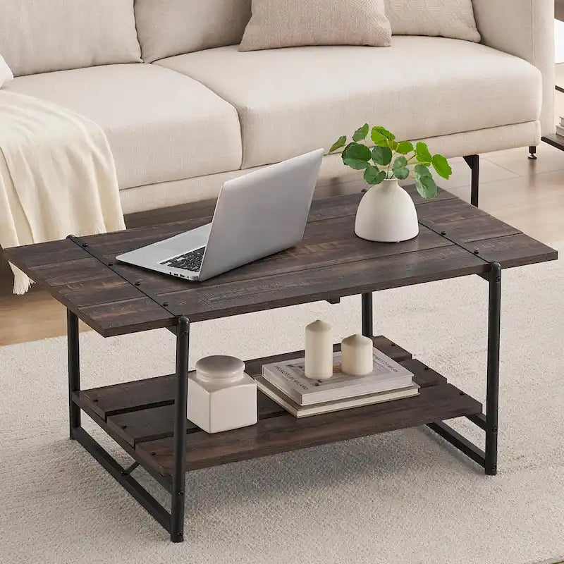 Table basse en bois industrielle moderne à 2 niveaux de 104 cm avec étagère de rangement