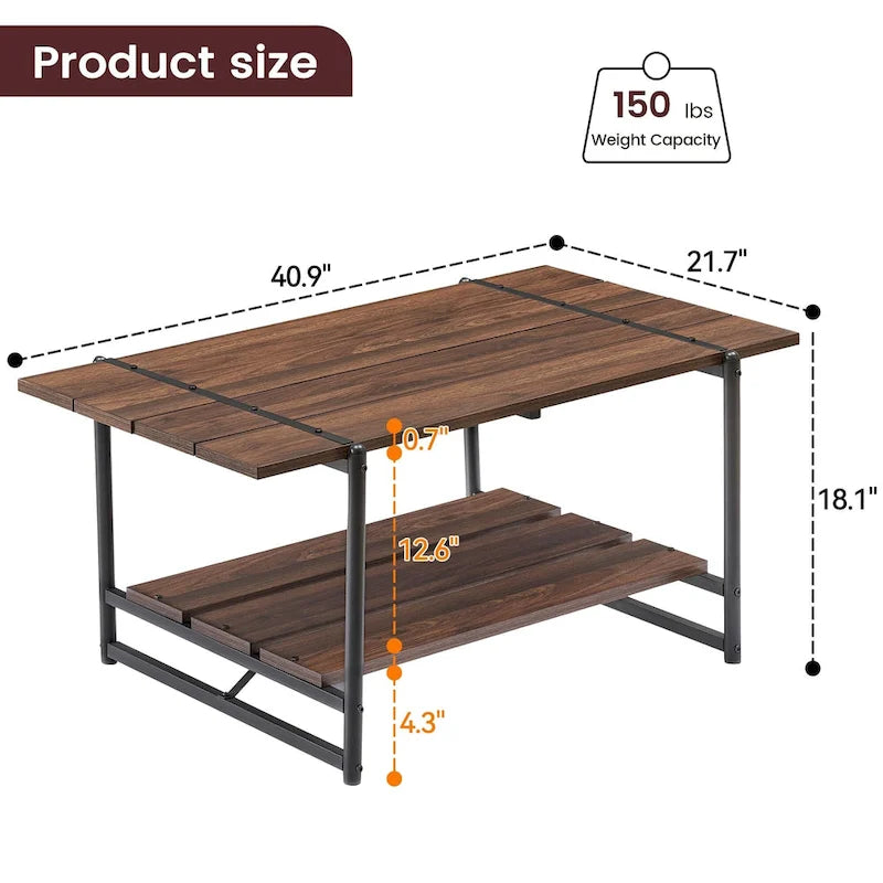 Table basse en bois industrielle moderne à 2 niveaux de 104 cm avec étagère de rangement
