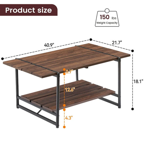Table basse en bois industrielle moderne à 2 niveaux de 104 cm avec étagère de rangement