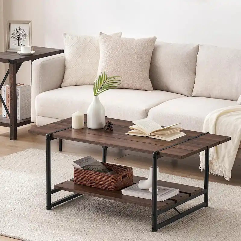 Table basse en bois industrielle moderne à 2 niveaux de 104 cm avec étagère de rangement