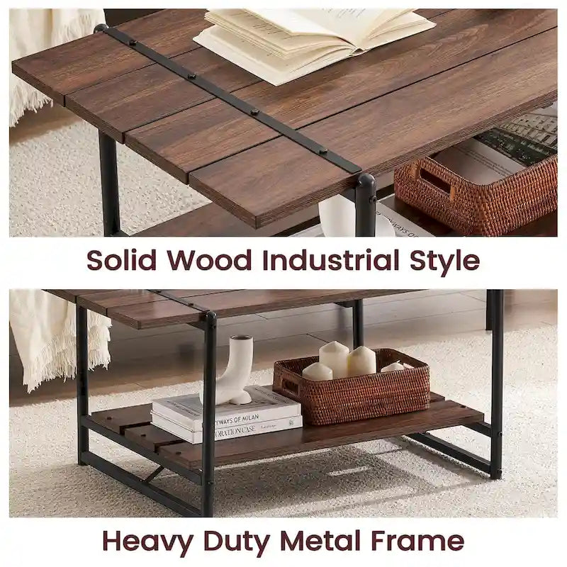 Table basse en bois industrielle moderne à 2 niveaux de 104 cm avec étagère de rangement