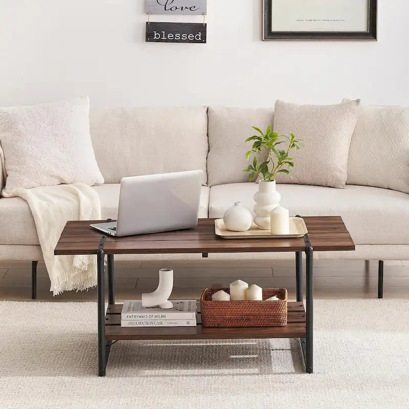 Table basse en bois industrielle moderne à 2 niveaux de 104 cm avec étagère de rangement