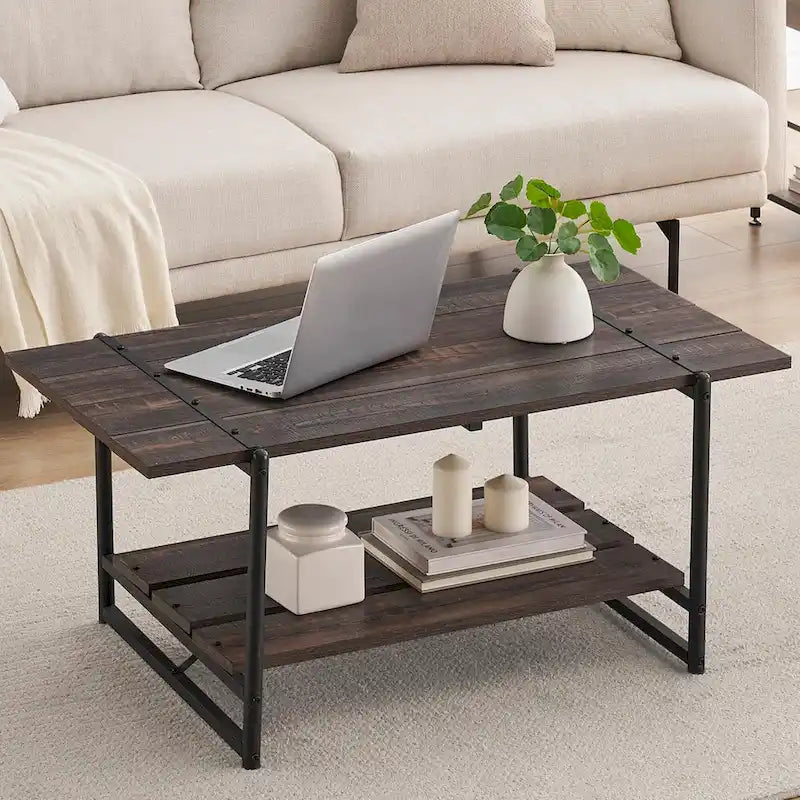 Table basse en bois industrielle moderne à 2 niveaux de 104 cm avec étagère de rangement