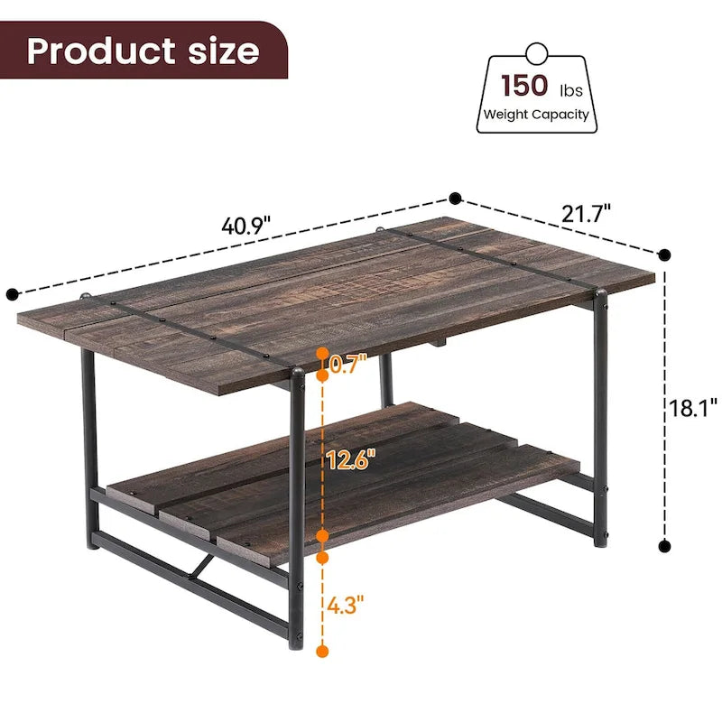 Table basse en bois industrielle moderne à 2 niveaux de 104 cm avec étagère de rangement