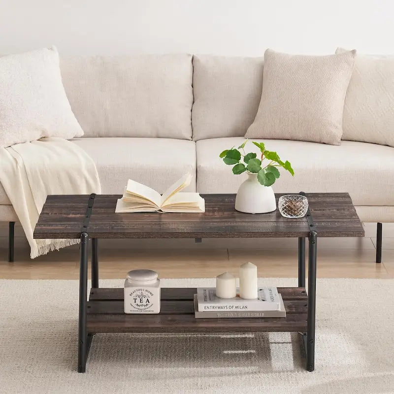 Table basse en bois industrielle moderne à 2 niveaux de 104 cm avec étagère de rangement