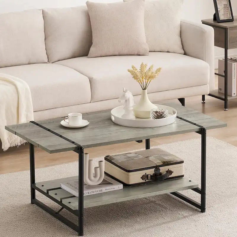 Table basse en bois industrielle moderne à 2 niveaux de 104 cm avec étagère de rangement