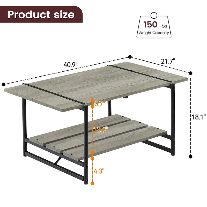 Table basse en bois industrielle moderne à 2 niveaux de 104 cm avec étagère de rangement