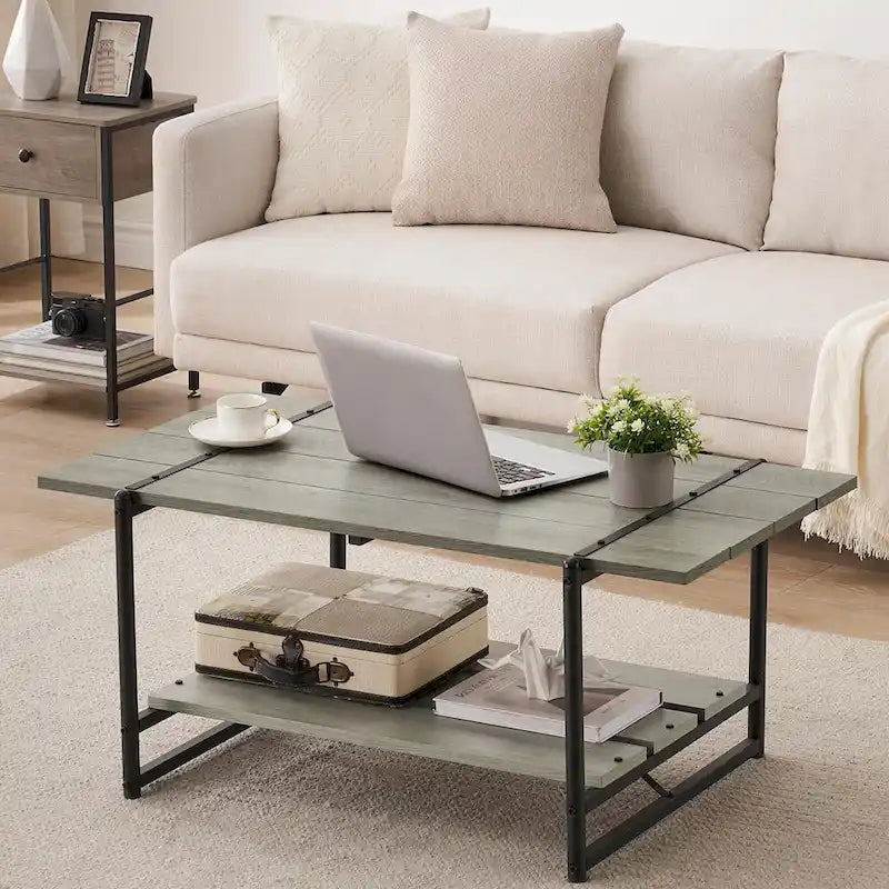 Table basse en bois industrielle moderne à 2 niveaux de 104 cm avec étagère de rangement