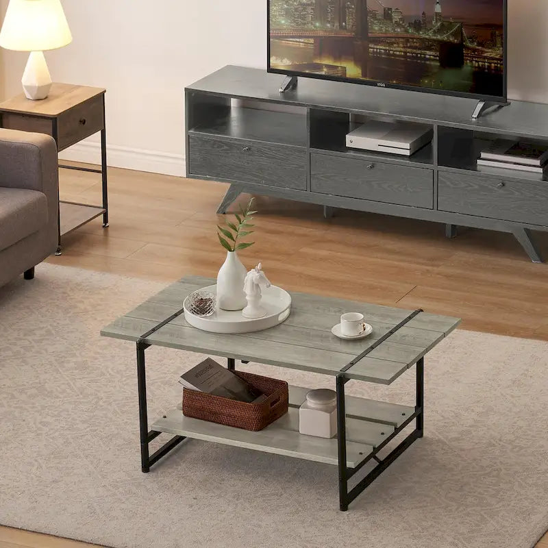 Table basse en bois industrielle moderne à 2 niveaux de 104 cm avec étagère de rangement