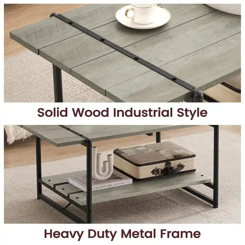 Table basse en bois industrielle moderne à 2 niveaux de 104 cm avec étagère de rangement