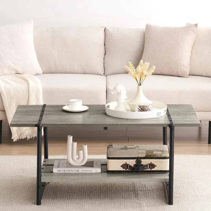 Table basse en bois industrielle moderne à 2 niveaux de 104 cm avec étagère de rangement