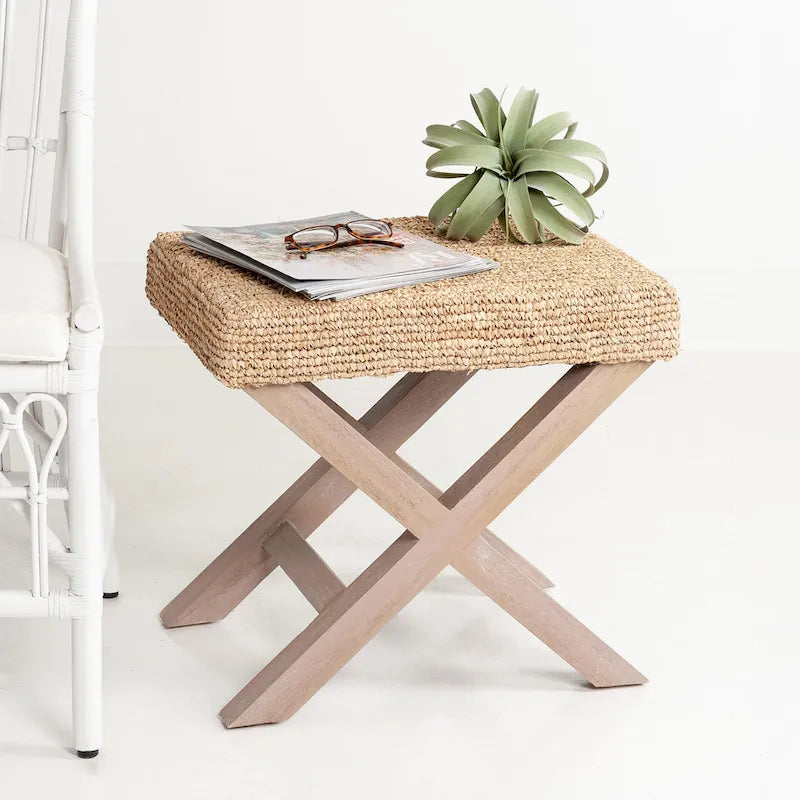Handmade Natural Raffia And Wood Ottoman by East at Main