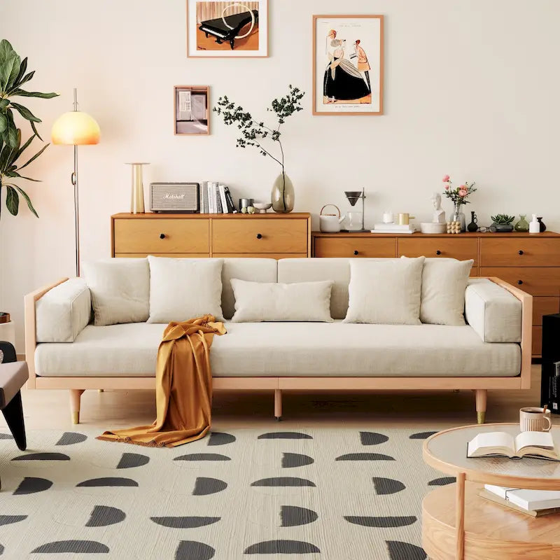 JASIWAY Canapé moderne 3 places en tissu rembourré coton lin, Beige