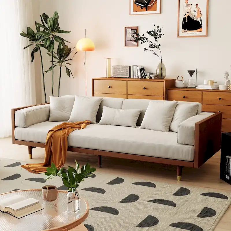 JASIWAY Canapé moderne 3 places en tissu rembourré coton lin, Beige