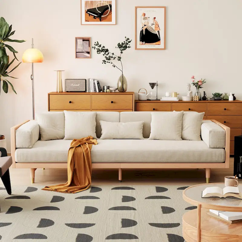JASIWAY Modern 3-Seat Upholstered Cotton Linen Sofa,Beige