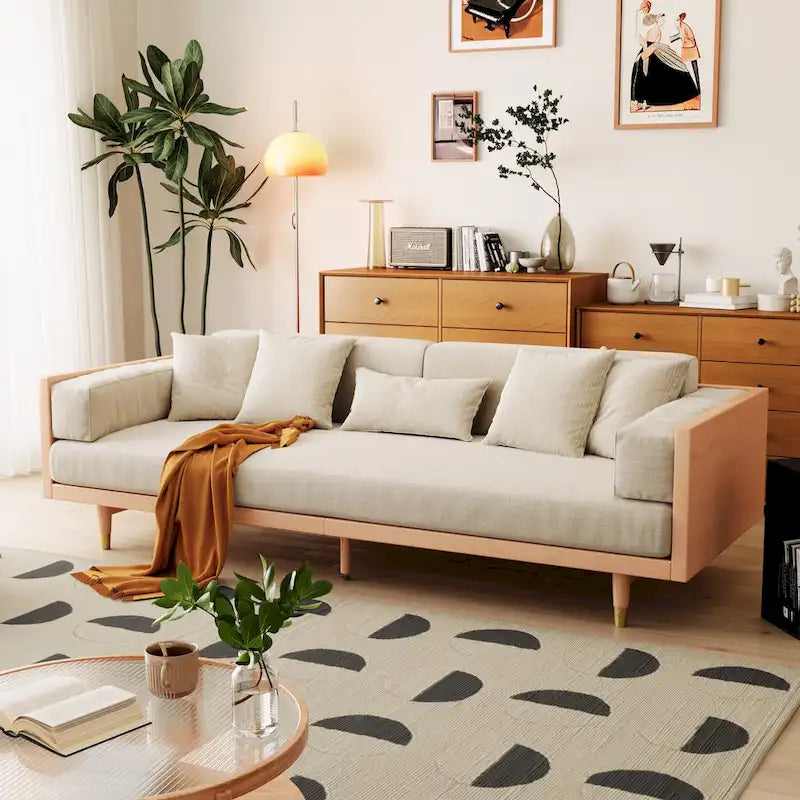 JASIWAY Canapé moderne 3 places en tissu rembourré coton lin, Beige