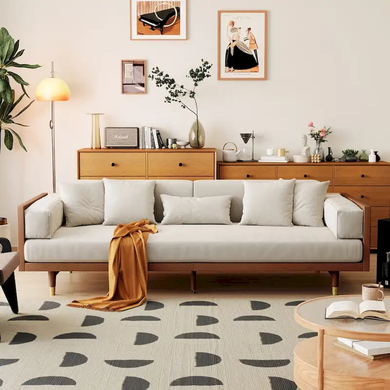 JASIWAY Canapé moderne 3 places en tissu rembourré coton lin, Beige