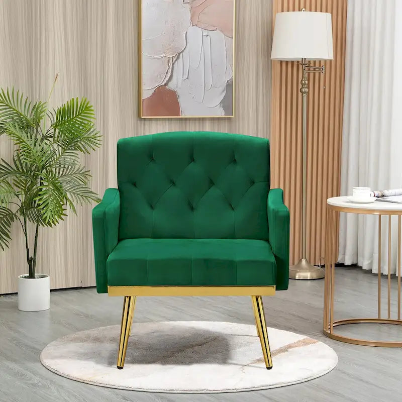 Fauteuil d'appoint en velours, fauteuil rembourré capitonné confortable, pieds dorés - 28,7 l
