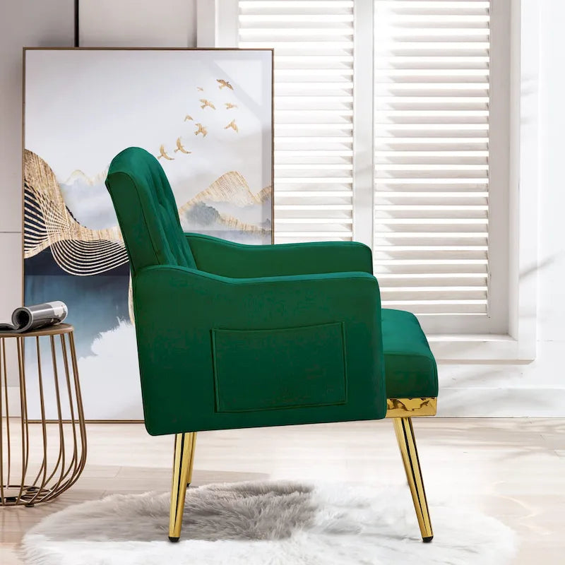 Fauteuil d'appoint en velours, fauteuil rembourré capitonné confortable, pieds dorés - 28,7 l
