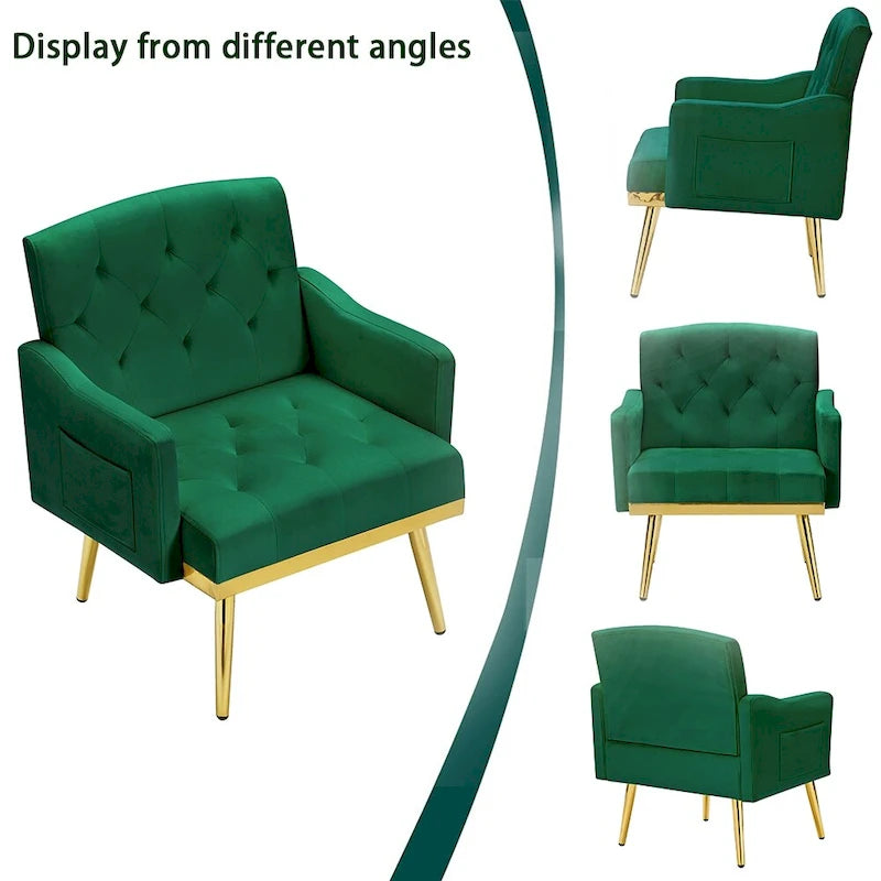 Fauteuil d'appoint en velours, fauteuil rembourré capitonné confortable, pieds dorés - 28,7 l