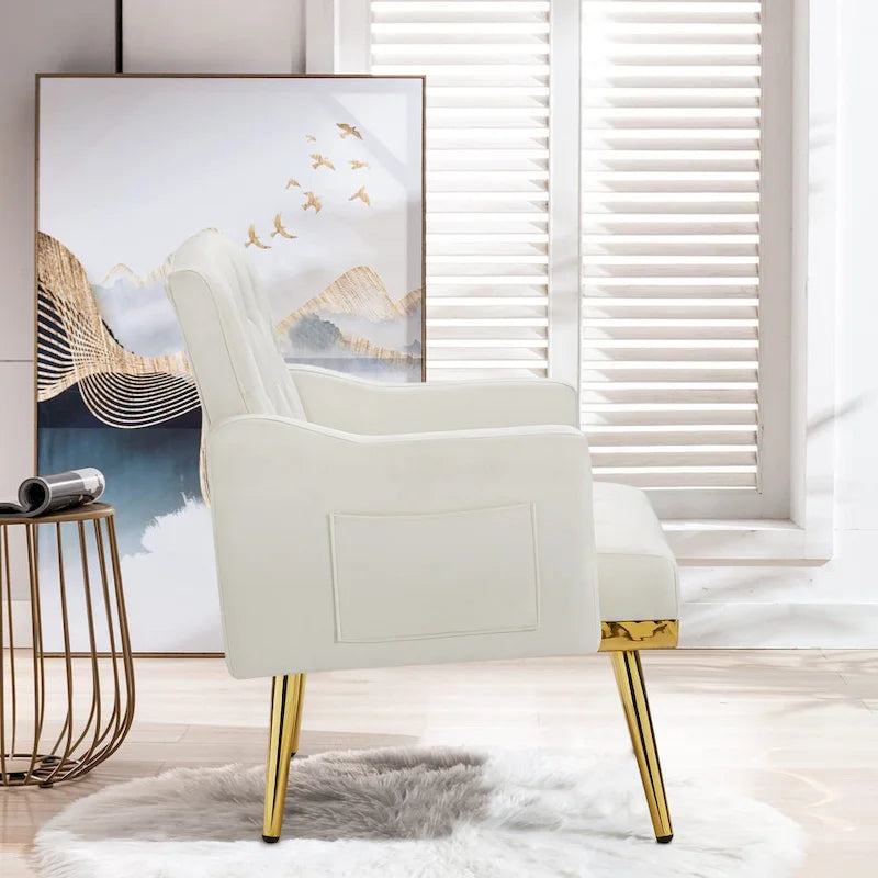 Fauteuil d'appoint en velours, fauteuil rembourré capitonné confortable, pieds dorés - 28,7 l