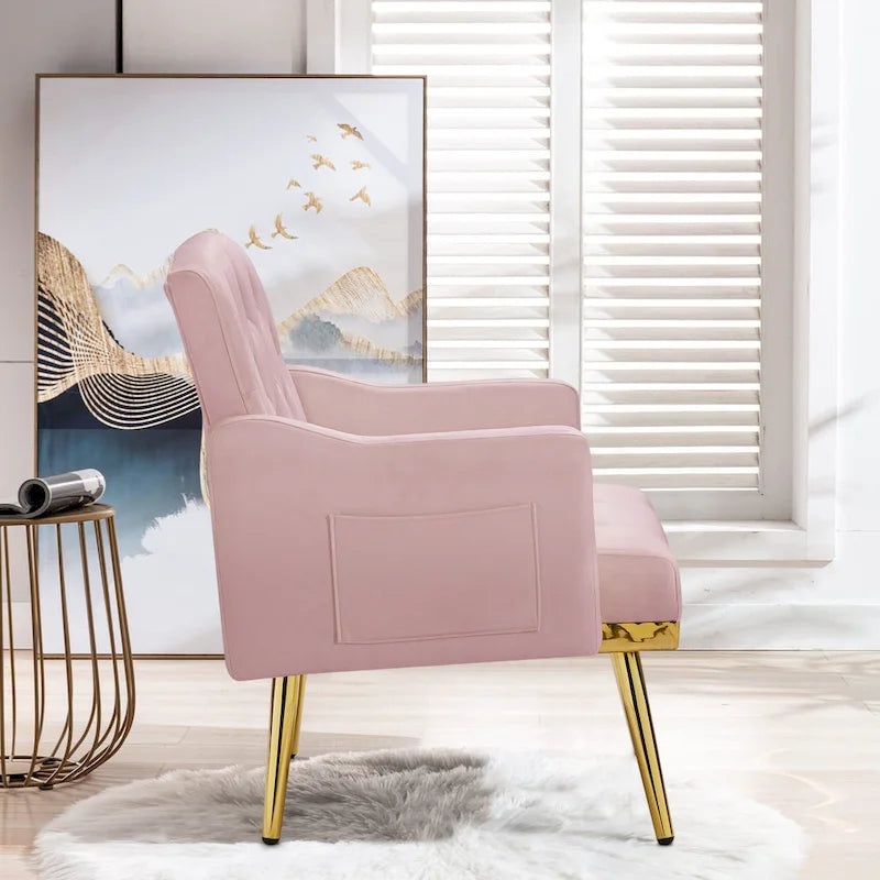 Fauteuil d'appoint en velours, fauteuil rembourré capitonné confortable, pieds dorés - 28,7 l