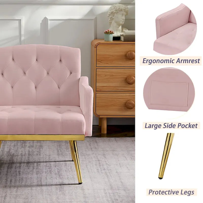 Fauteuil d'appoint en velours, fauteuil rembourré capitonné confortable, pieds dorés - 28,7 l