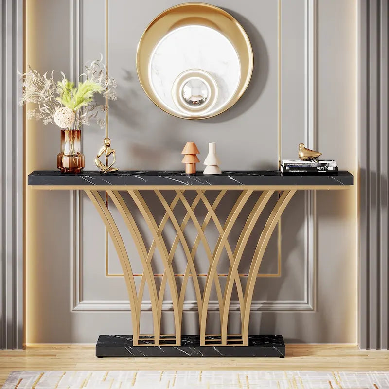 Table Console de 59 Pouces, Table d'Entrée en Faux Marbre Doré et Blanc