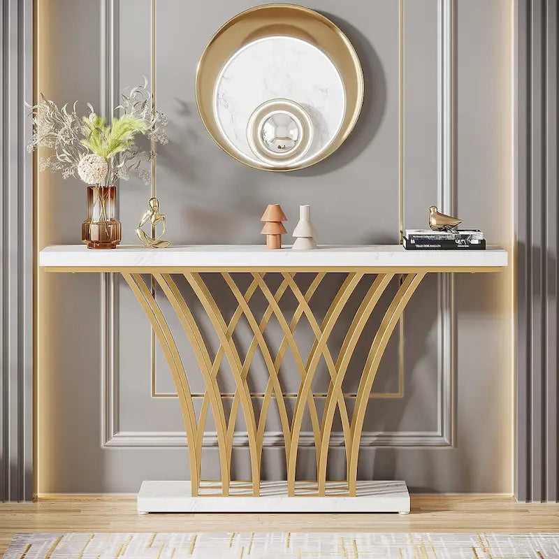 Table Console de 59 Pouces, Table d'Entrée en Faux Marbre Doré et Blanc