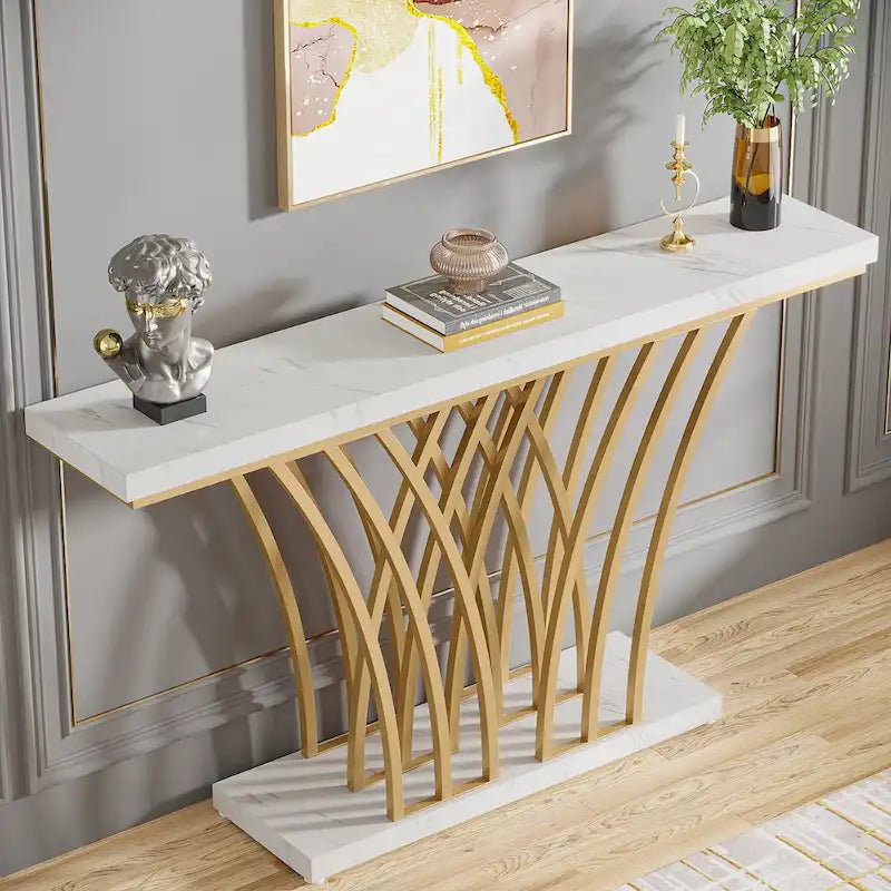 Table Console de 59 Pouces, Table d'Entrée en Faux Marbre Doré et Blanc