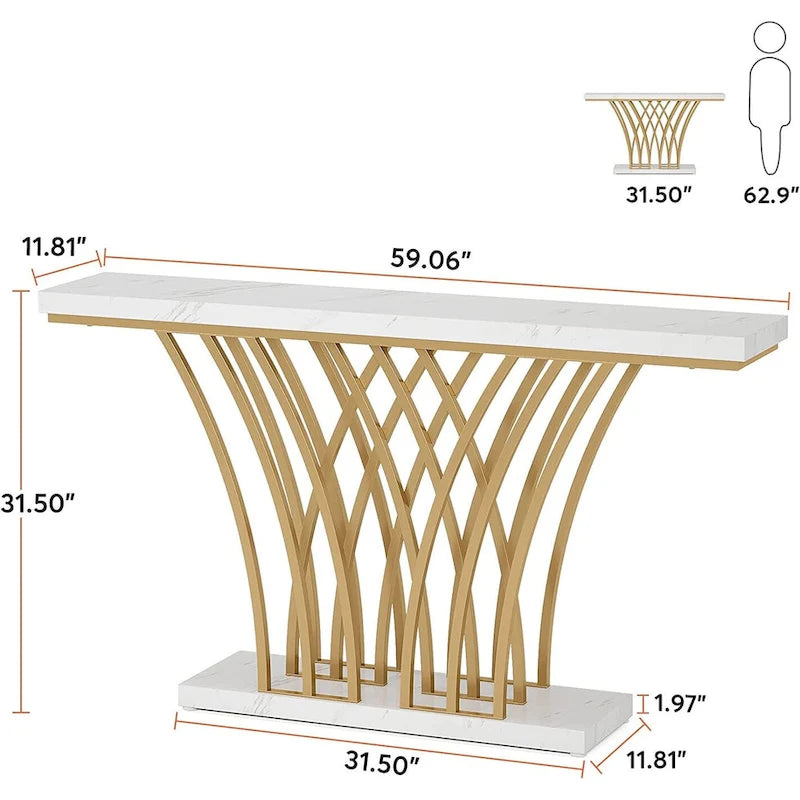 Table Console de 59 Pouces, Table d'Entrée en Faux Marbre Doré et Blanc