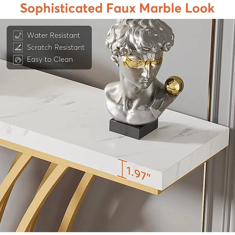 Table Console de 59 Pouces, Table d'Entrée en Faux Marbre Doré et Blanc