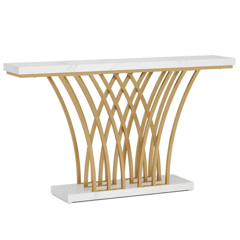Table Console de 59 Pouces, Table d'Entrée en Faux Marbre Doré et Blanc
