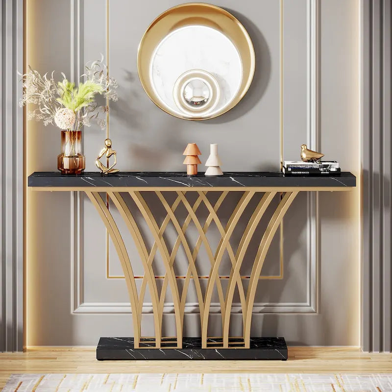 Table Console de 59 Pouces, Table d'Entrée en Faux Marbre Doré et Blanc
