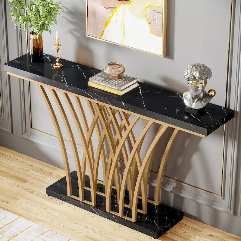 Table Console de 59 Pouces, Table d'Entrée en Faux Marbre Doré et Blanc