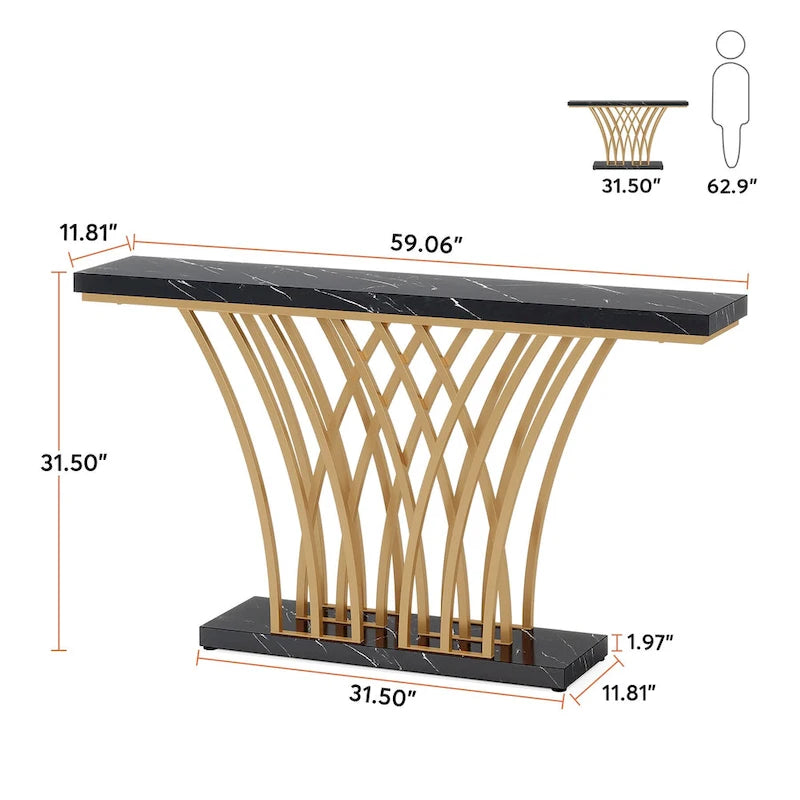 Table Console de 59 Pouces, Table d'Entrée en Faux Marbre Doré et Blanc