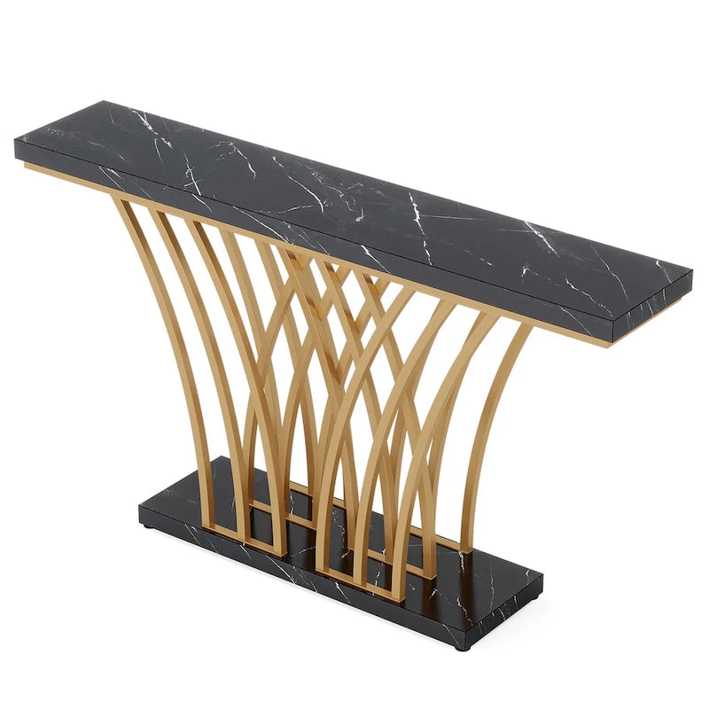 Table Console de 59 Pouces, Table d'Entrée en Faux Marbre Doré et Blanc