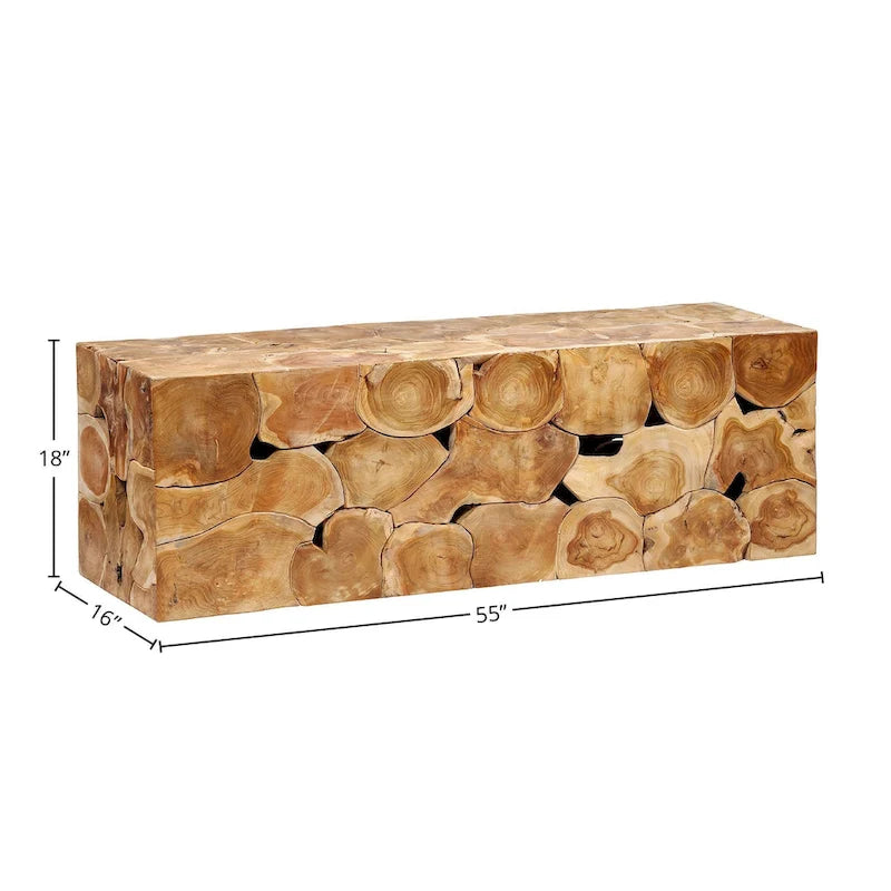 Banc rectangulaire Scarlett 55 pouces en racine de teck massif, fini naturel